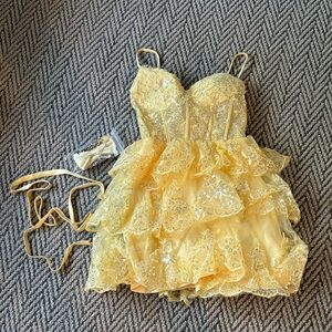 Tiered Yellow Homecoming Dress and Matching Bow Tie